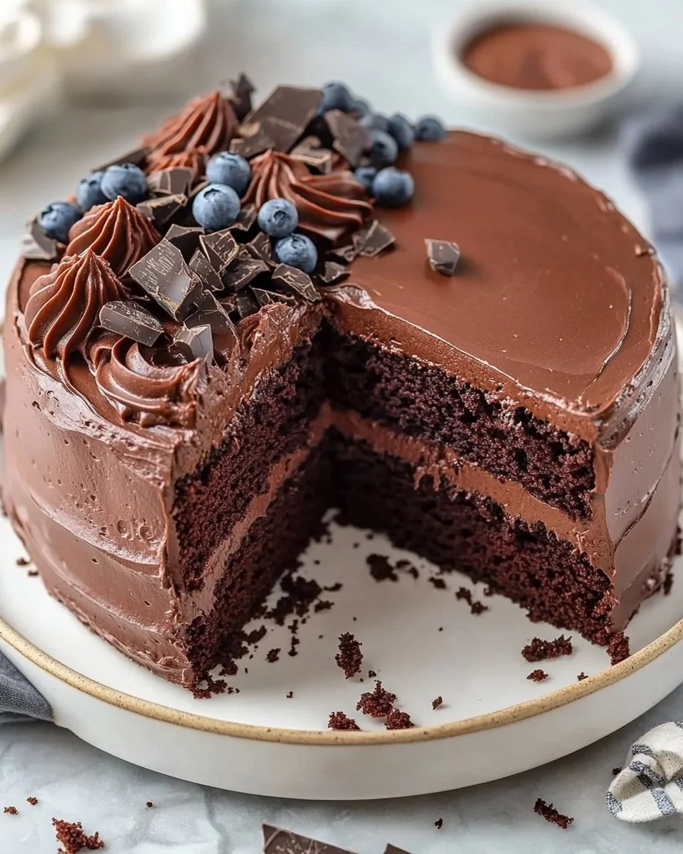 Ultimate chocolate cake with rich frosting and garnished with chocolate shavings
