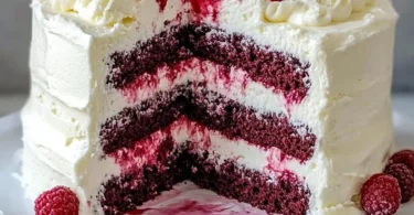 Slice of White Chocolate Raspberry Cake topped with fresh raspberries and white chocolate shavings