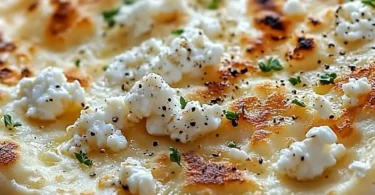 Delicious homemade cottage cheese flatbread on a rustic wooden table.