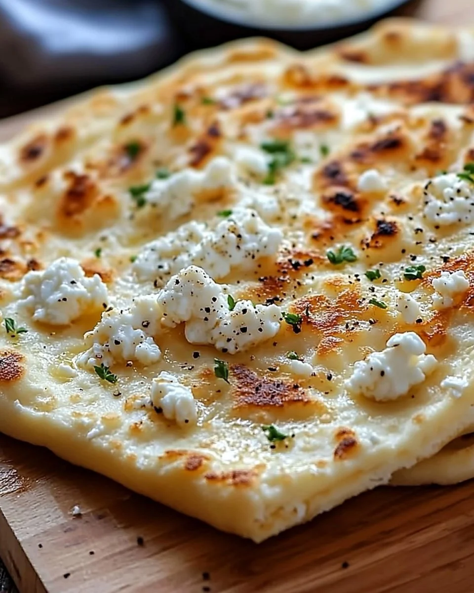 Delicious homemade cottage cheese flatbread on a rustic wooden table.