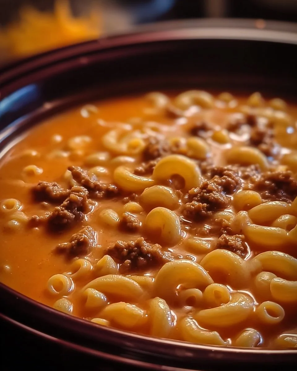 Delicious one-pot macaroni cheeseburger soup topped with cheese and spices.