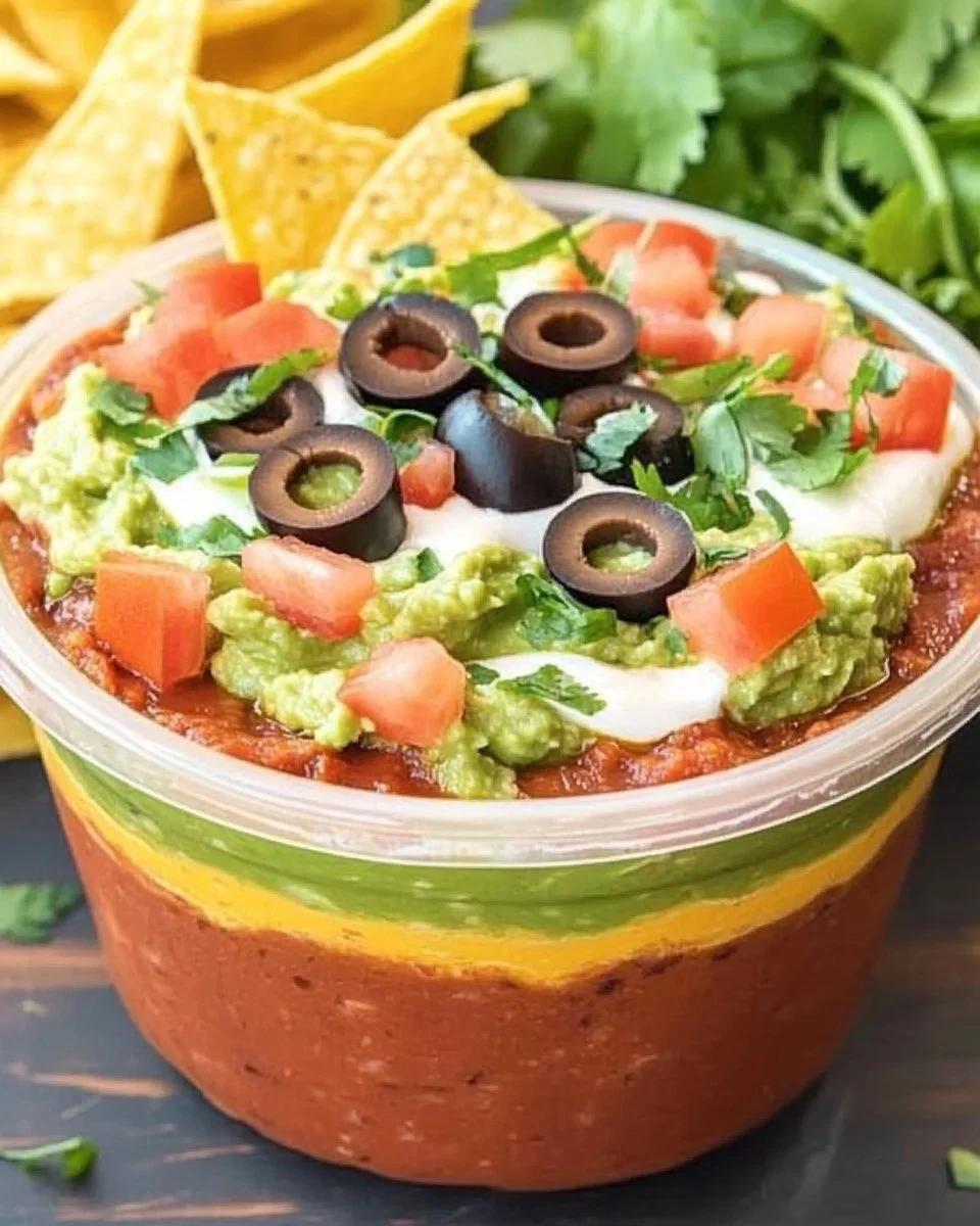 Delicious 7 layer dip served in a bowl with colorful layers