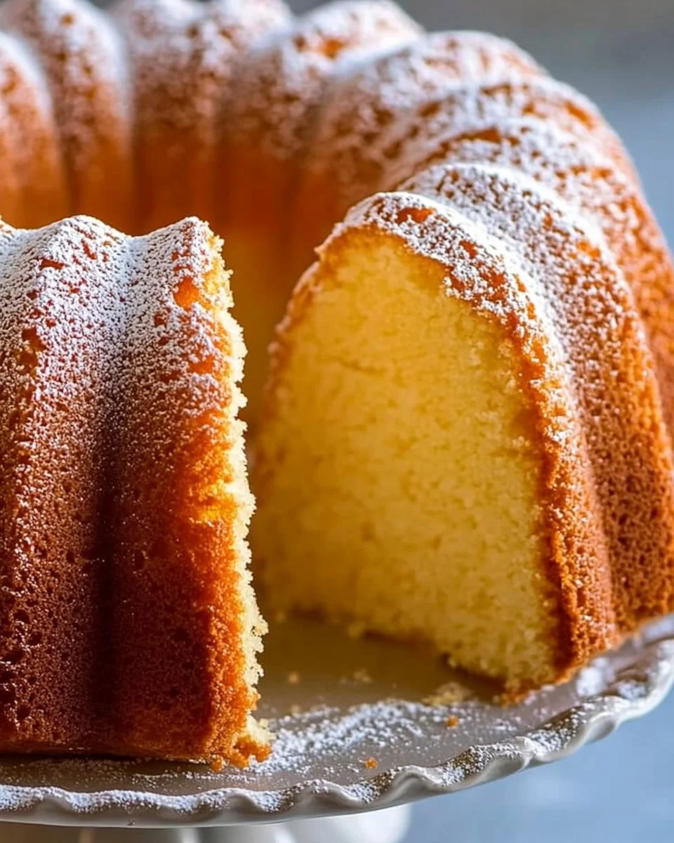 Slice of delicious 7 Up Pound Cake on a plate, showcasing its light texture and lemony flavor.