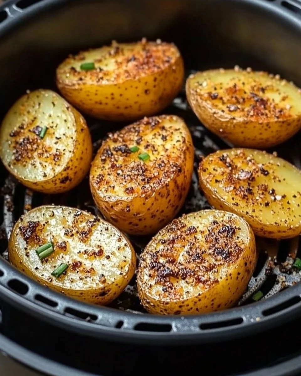 Delicious air fryer baked potatoes with crispy skin and fluffy interior