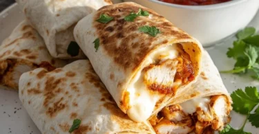 Air fryer chicken and mozzarella wraps ready to serve on a plate