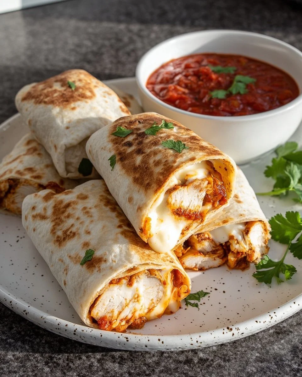 Air fryer chicken and mozzarella wraps ready to serve on a plate