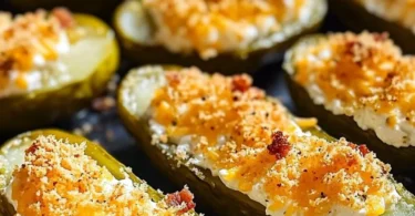 A plate of crispy air fryer stuffed pickles, garnished and ready to serve.