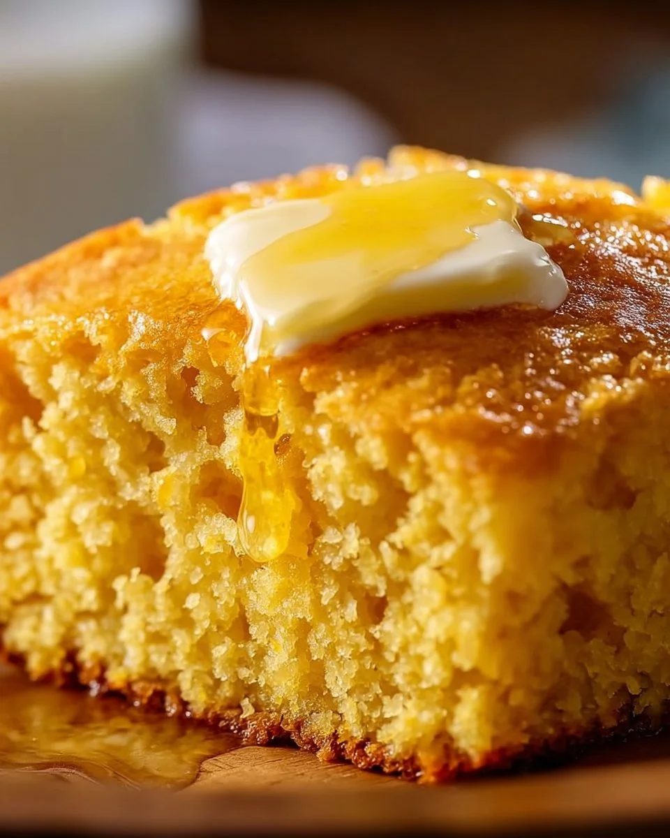 Delicious Amish sour cream cornbread served warm with butter.