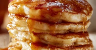 Fluffy Apple Cinnamon Pancakes topped with fresh apple slices and cinnamon