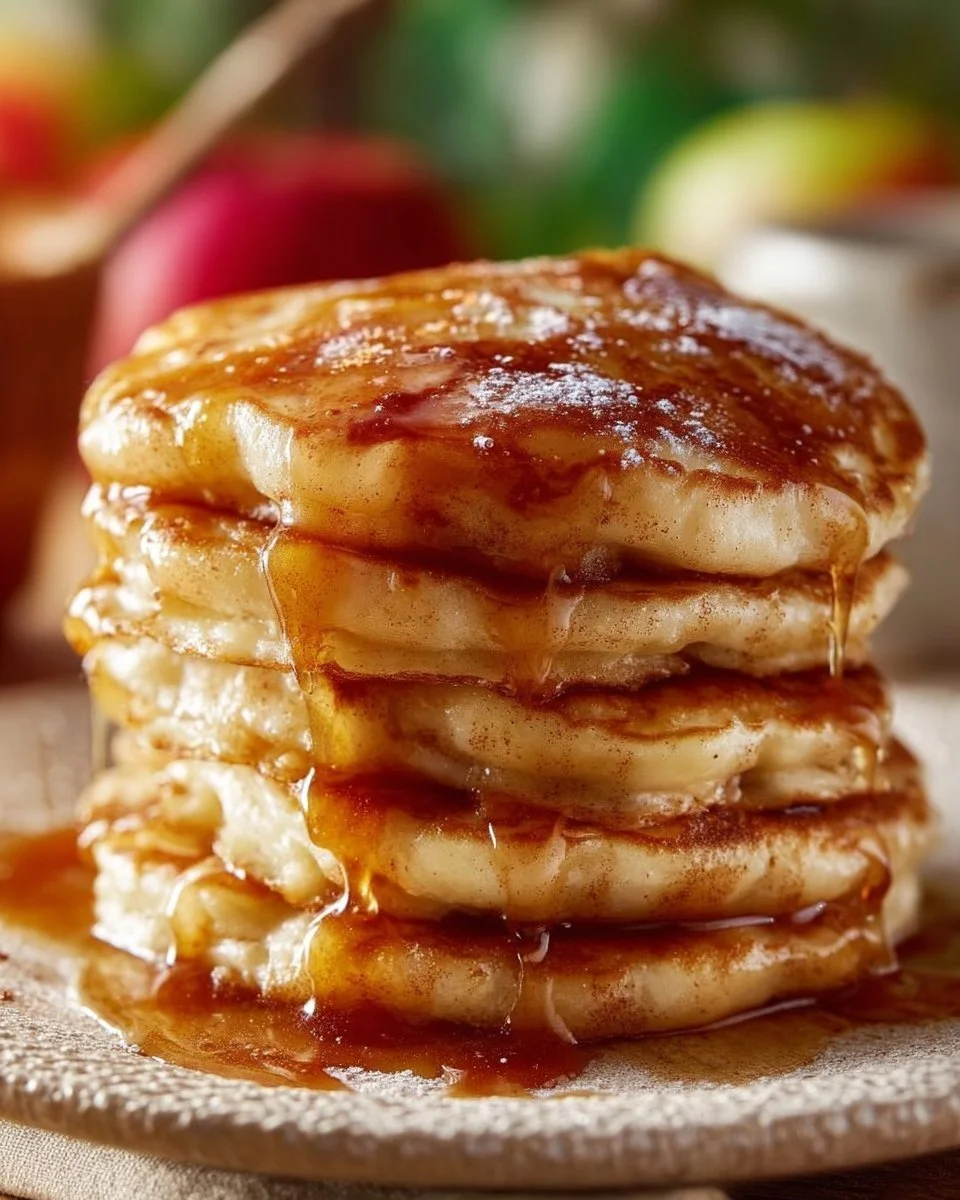 Fluffy Apple Cinnamon Pancakes topped with fresh apple slices and cinnamon