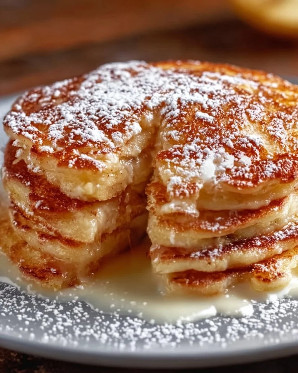 Delicious stack of Apple Yogurt Pancakes topped with slices of fresh apples