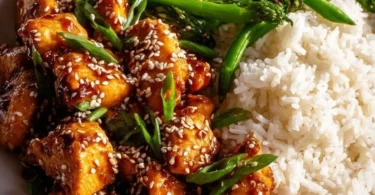 Plate of Asian high protein sesame chicken with vegetables and sesame seeds