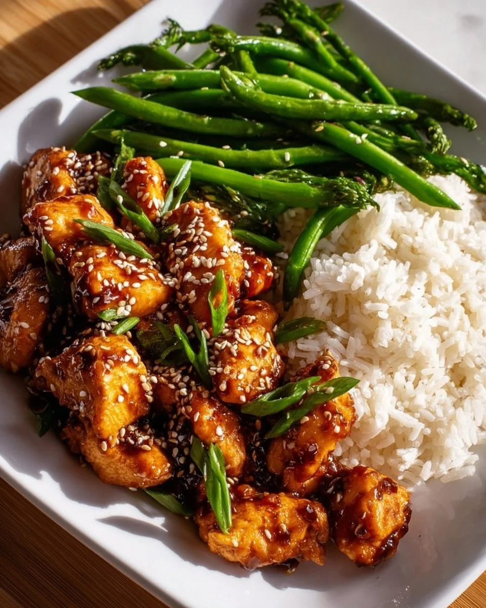 Plate of Asian high protein sesame chicken with vegetables and sesame seeds