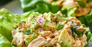 Avocado Chicken Salad Lettuce Wraps on a plate for a healthy meal option