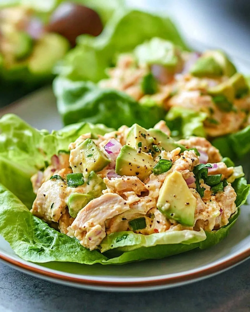 Avocado Chicken Salad Lettuce Wraps on a plate for a healthy meal option