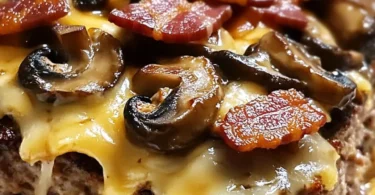 Bacon Mushroom Swiss Cheese Meatloaf served on a plate with parsley garnish
