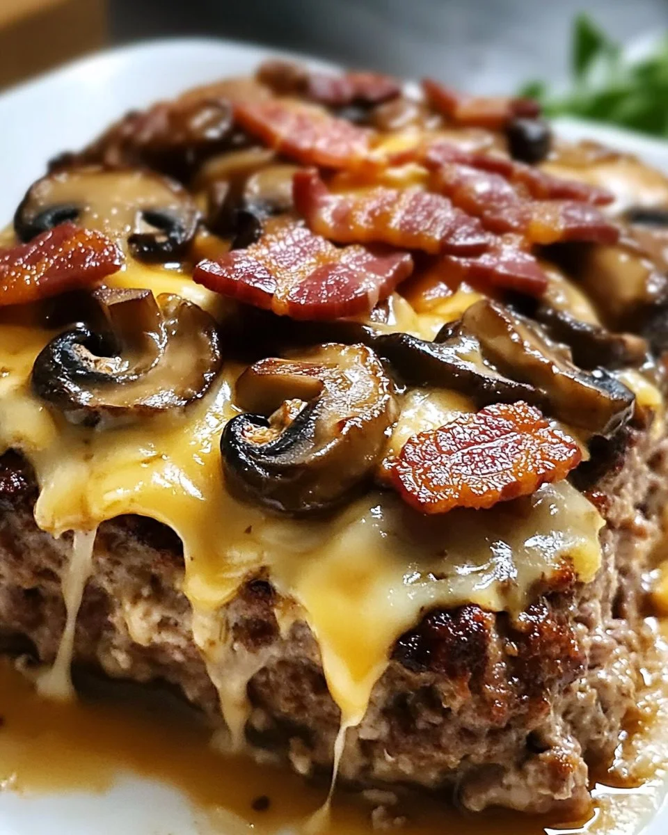 Bacon Mushroom Swiss Cheese Meatloaf served on a plate with parsley garnish