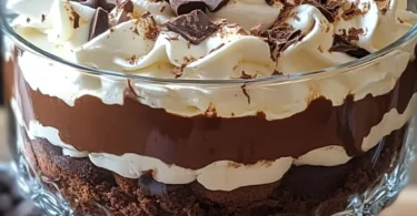 Delicious Baileys Chocolate Cheesecake Trifle layered dessert with chocolate and cheesecake.