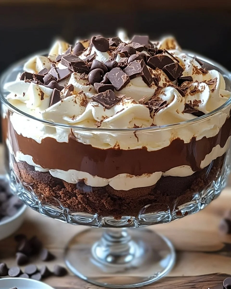 Delicious Baileys Chocolate Cheesecake Trifle layered dessert with chocolate and cheesecake.