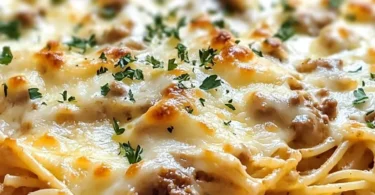Baked Cream Cheese Spaghetti topped with cheese and herbs