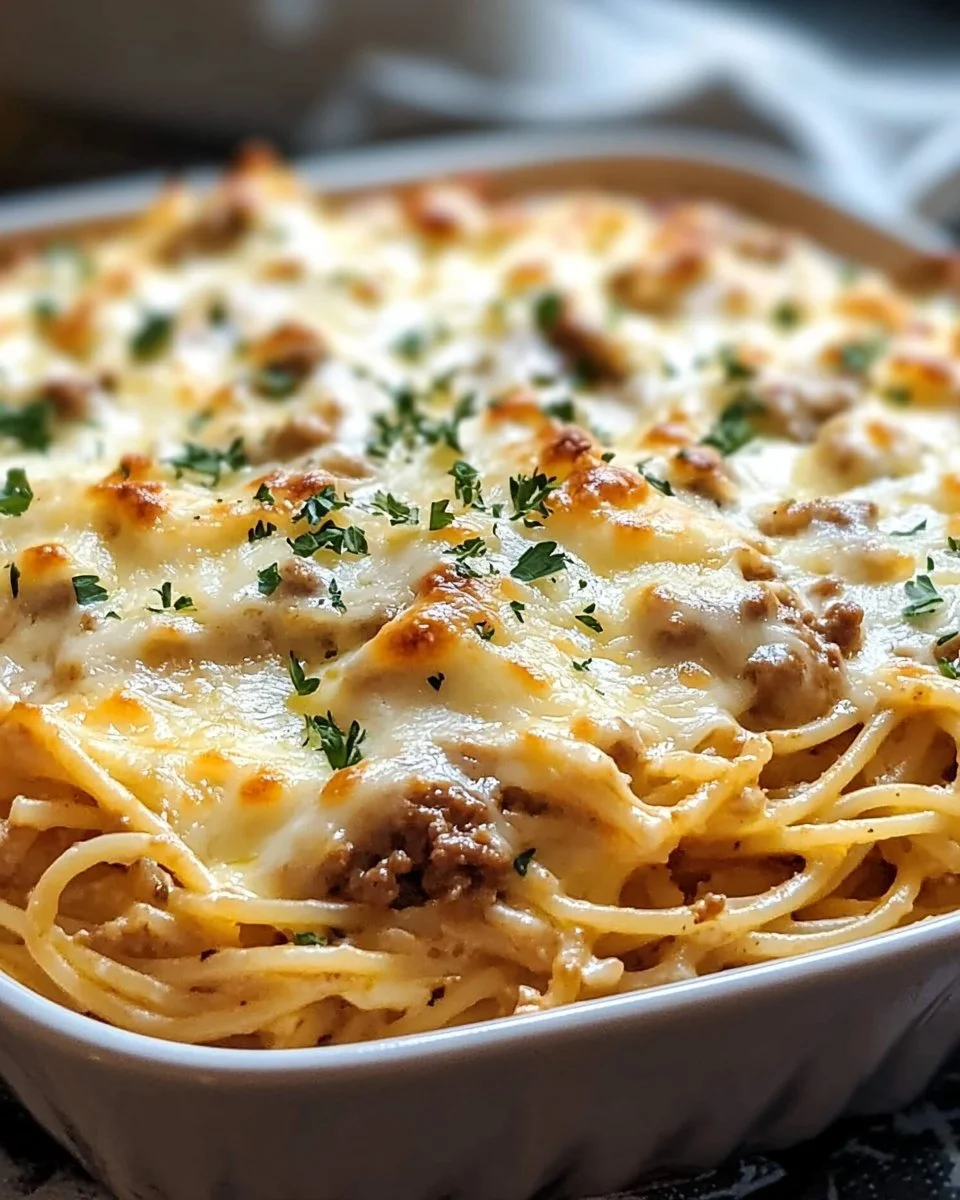 Baked Cream Cheese Spaghetti topped with cheese and herbs