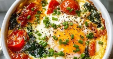 Delicious baked feta eggs served on a plate with herbs and toast