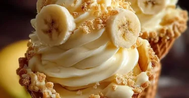 Banana pudding cheesecake cones topped with whipped cream and banana slices