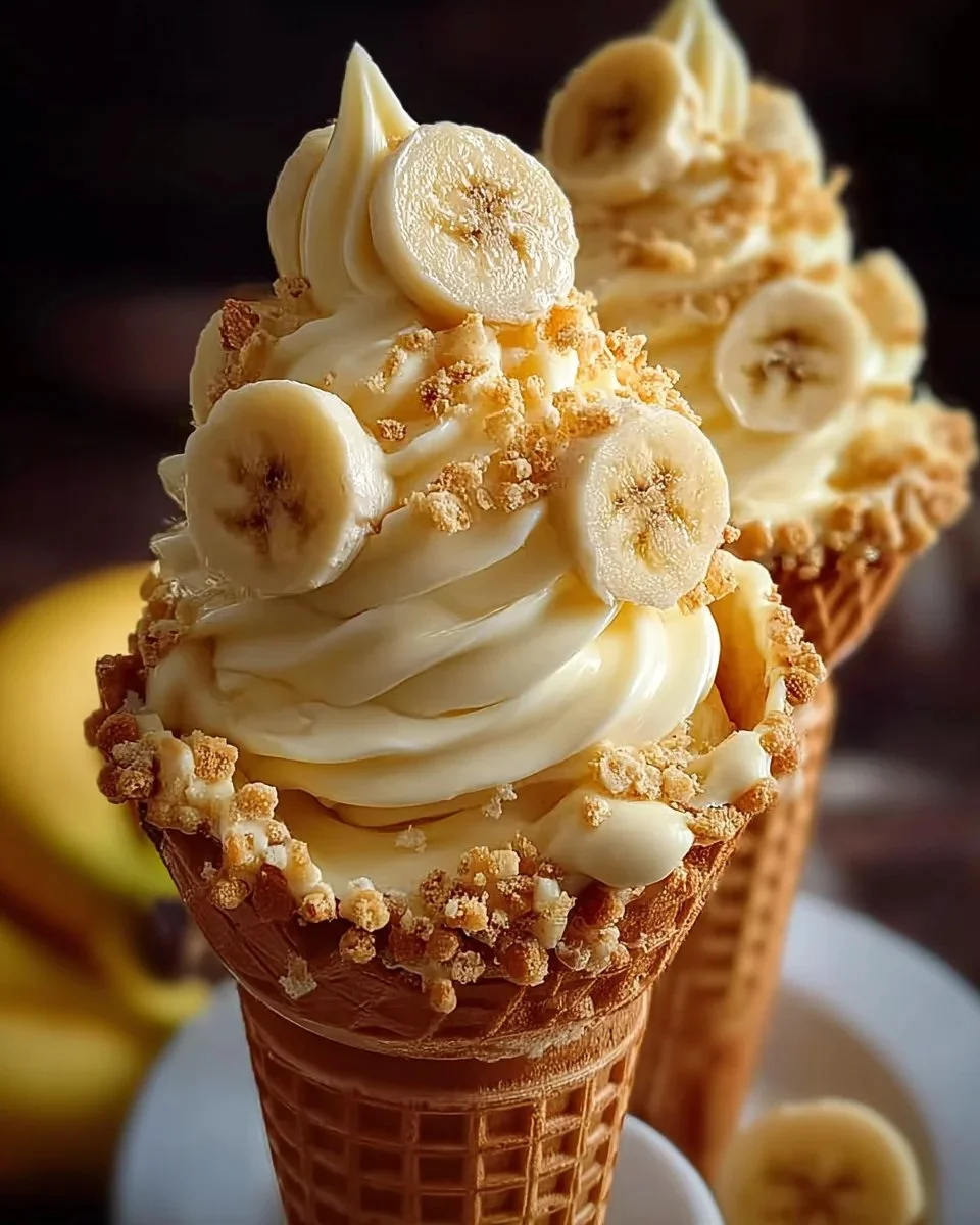 Banana pudding cheesecake cones topped with whipped cream and banana slices