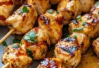 Bang Bang Chicken Skewers on a grill, showcasing a spicy and flavorful dish