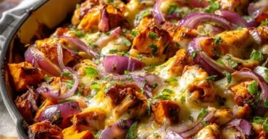 BBQ chicken sweet potato skillet dish with vibrant vegetables in a pan