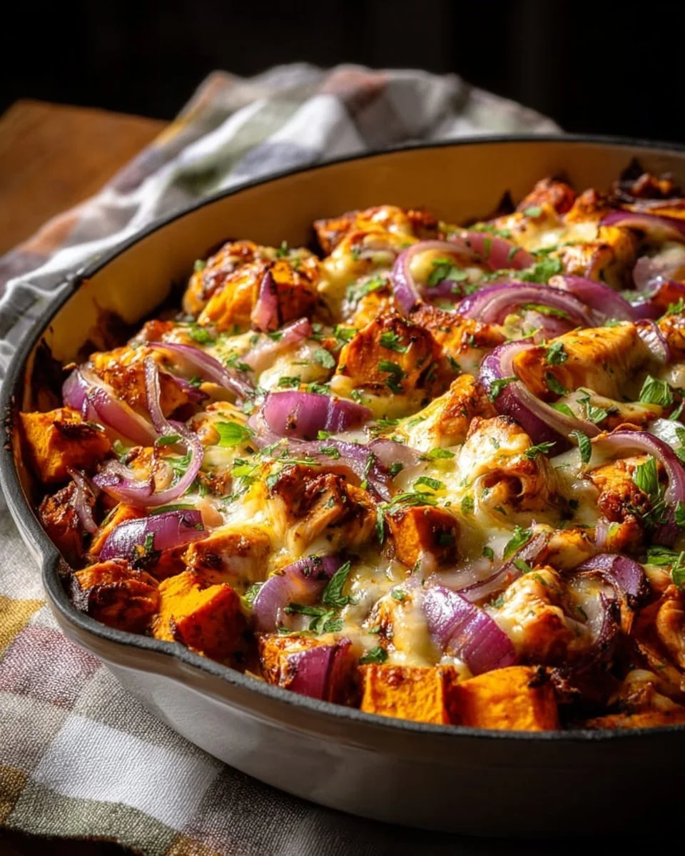 BBQ chicken sweet potato skillet dish with vibrant vegetables in a pan