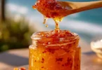 Beachside Sweet Chili Coconut Jam jar on a wooden table