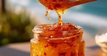 Beachside Sweet Chili Coconut Jam jar on a wooden table