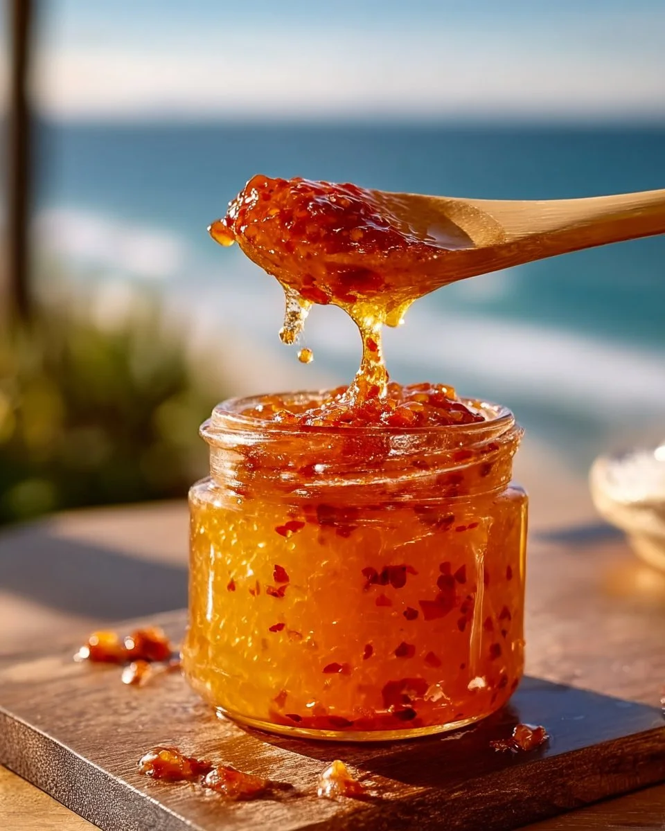 Beachside Sweet Chili Coconut Jam jar on a wooden table