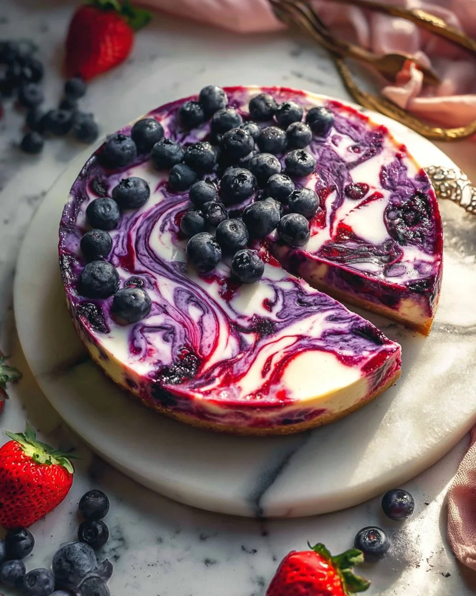 Delicious Berry Swirl Cheesecake topped with fresh berries