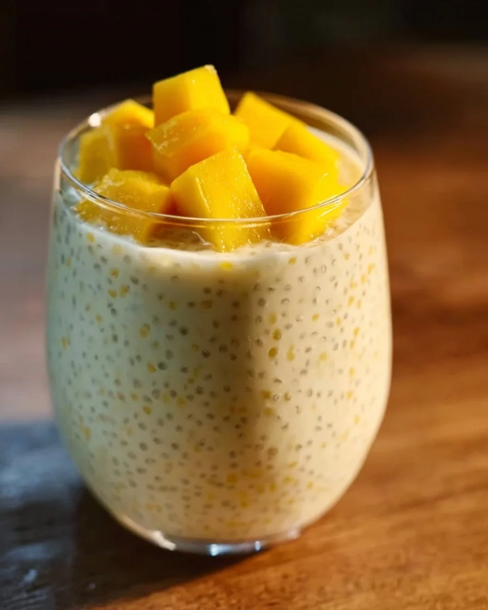 Delicious creamy mango sago dessert topped with fresh mango slices.