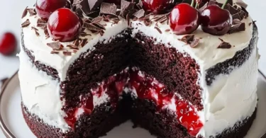Delicious homemade Black Forest Cake with chocolate layers and cherries