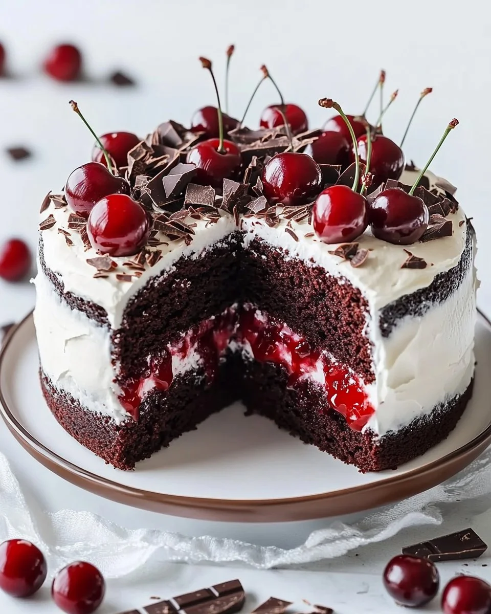 Delicious homemade Black Forest Cake with chocolate layers and cherries