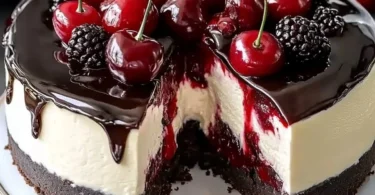 Delicious slice of Black Forest Cheesecake with cherries on top