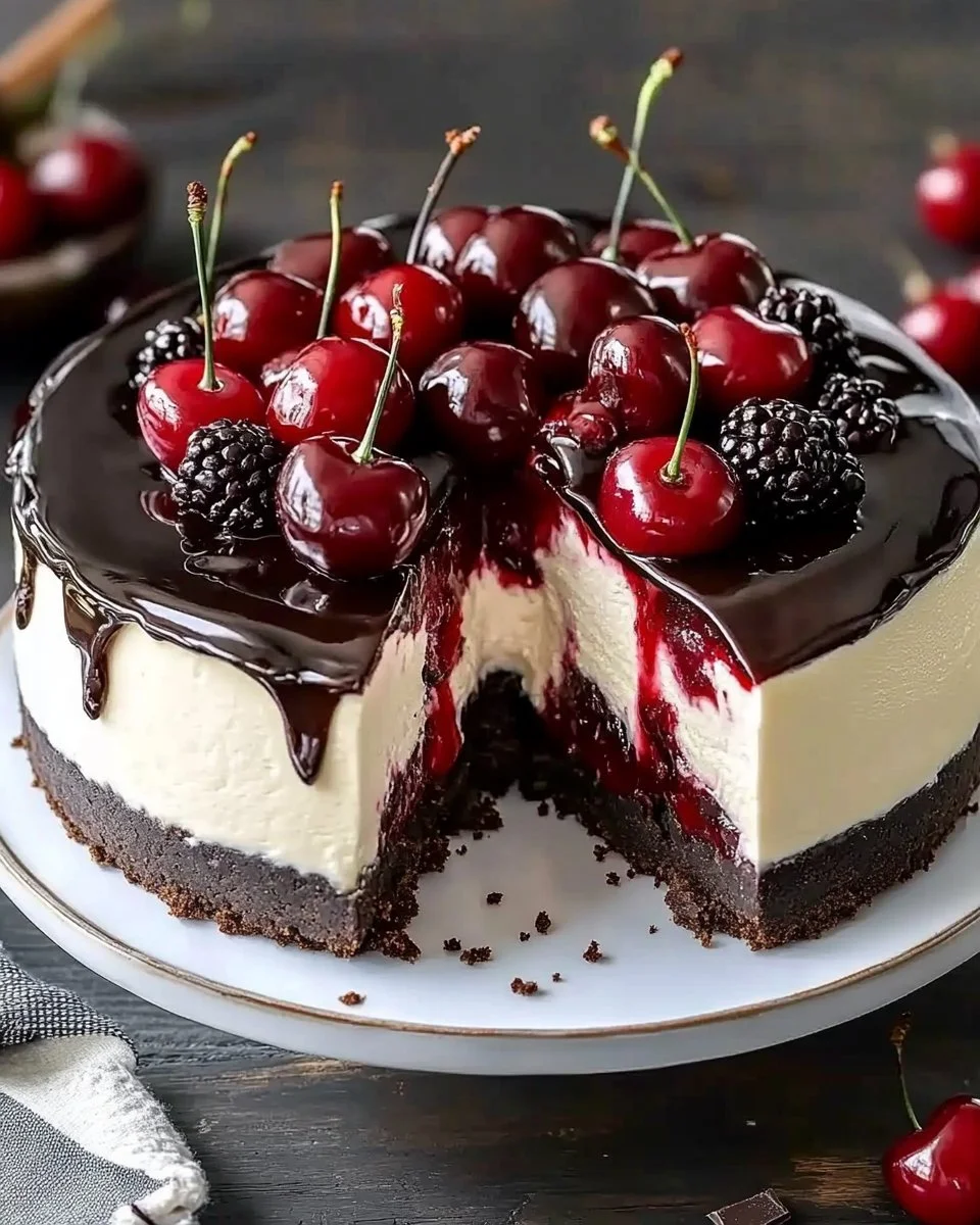 Delicious slice of Black Forest Cheesecake with cherries on top