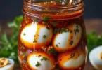 Jar of Bloody Mary Pickled Eggs with spices and ingredients