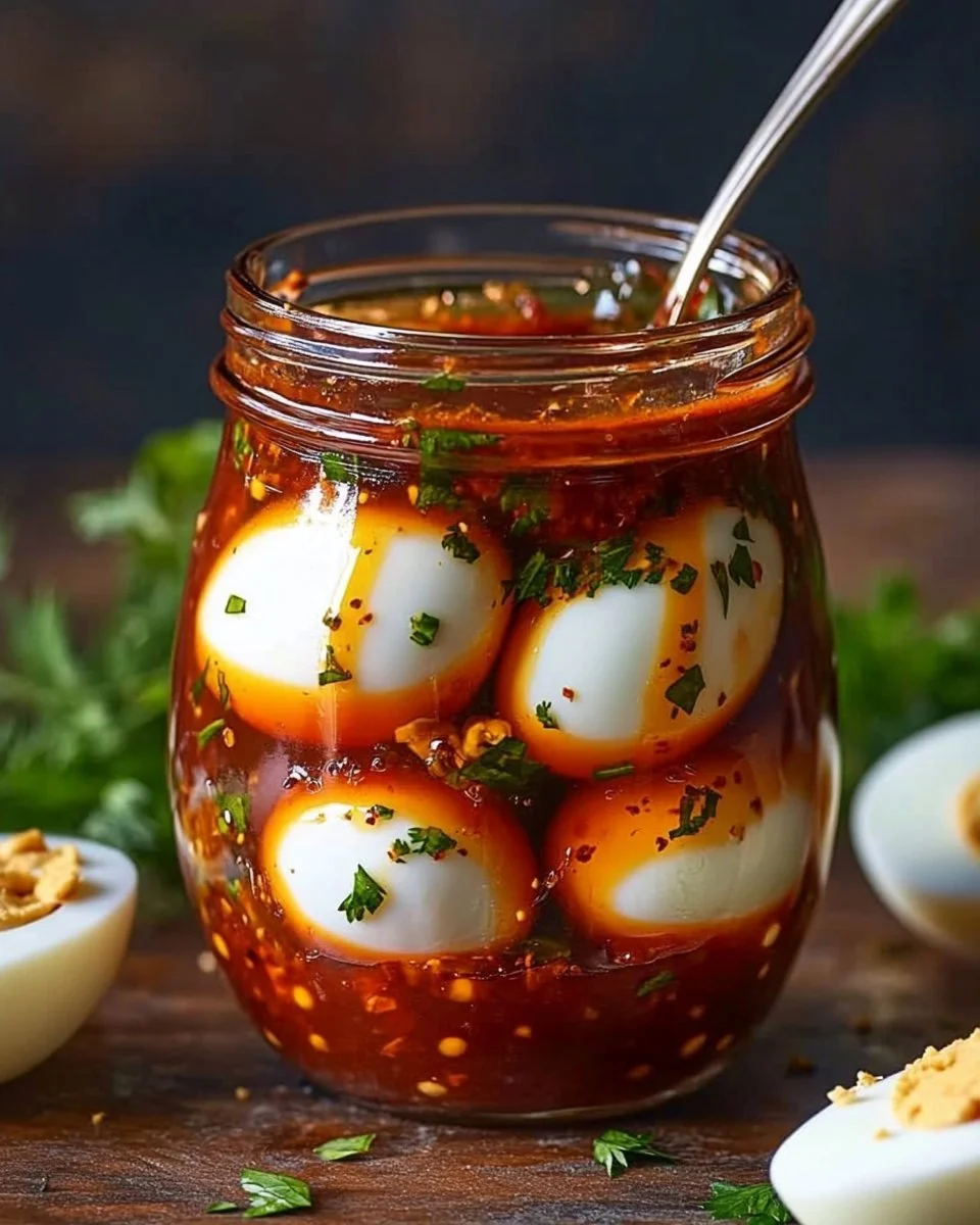 Jar of Bloody Mary Pickled Eggs with spices and ingredients
