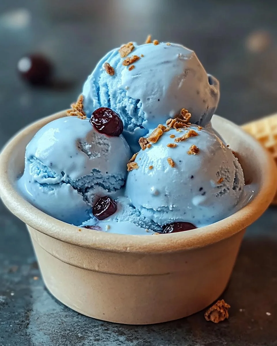 A scoop of Blue Moon Ice Cream in a colorful cone, showcasing its vibrant blue hue.