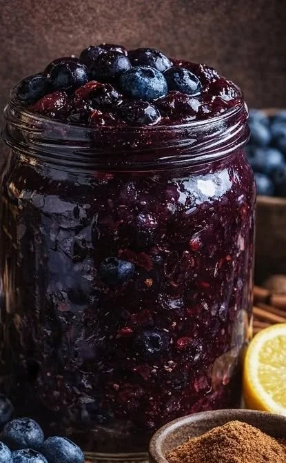 Jar of homemade blueberry butter spread on toast.