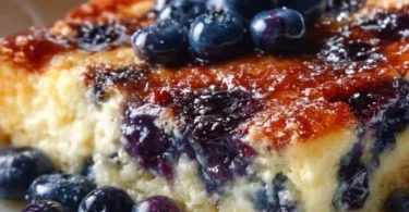 Delicious blueberry buttermilk pancake casserole served fresh from the oven
