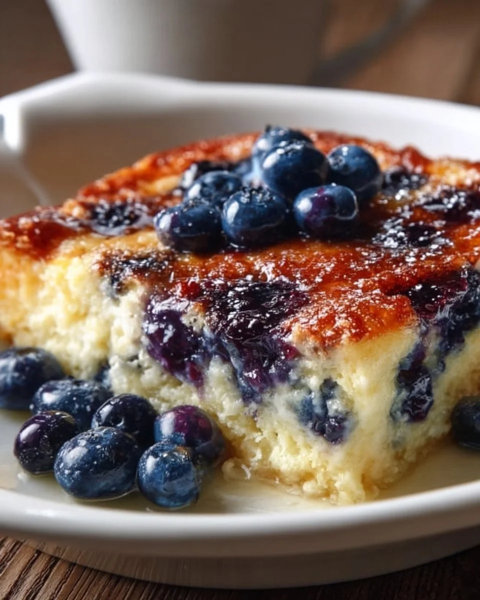 Delicious blueberry buttermilk pancake casserole served fresh from the oven
