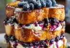 Blueberry cheesecake stuffed French toast served with syrup and fresh berries.