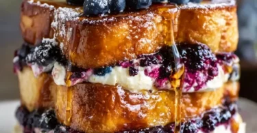 Blueberry cheesecake stuffed French toast served with syrup and fresh berries.