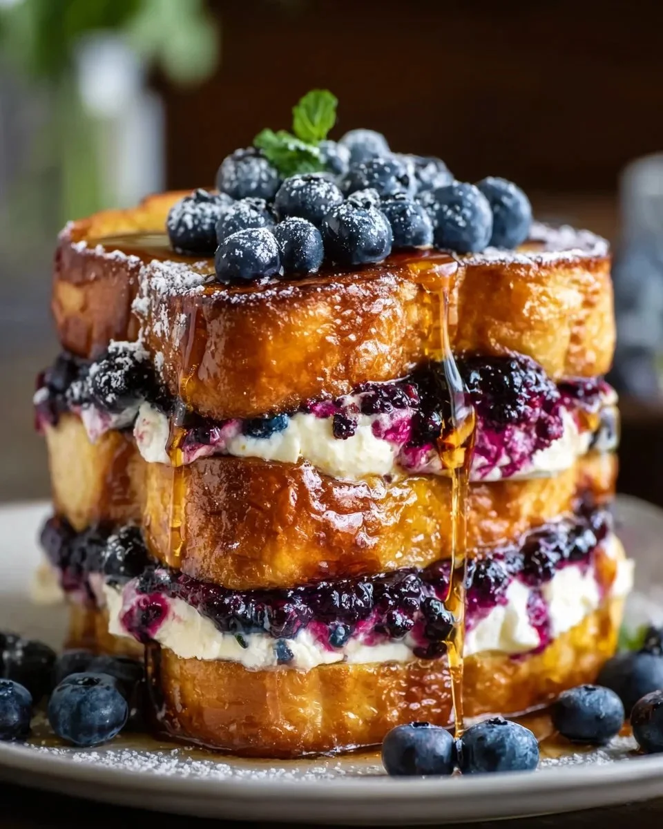 Blueberry cheesecake stuffed French toast served with syrup and fresh berries.