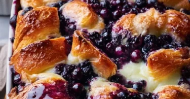 Blueberry Cream Cheese Croissant Casserole fresh out of the oven